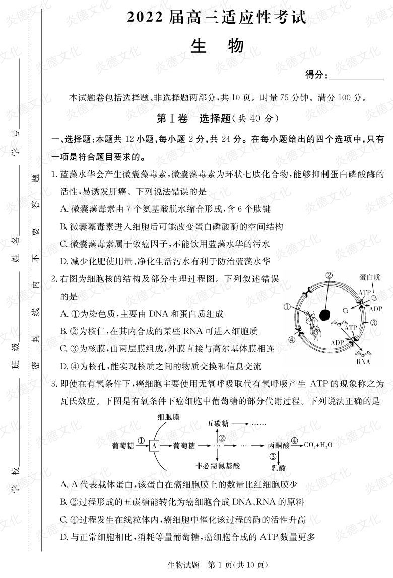 [生物]炎德英才大聯(lián)考2022屆長(zhǎng)郡中學(xué)高三5次月考（2022屆高三適應(yīng)性考試）