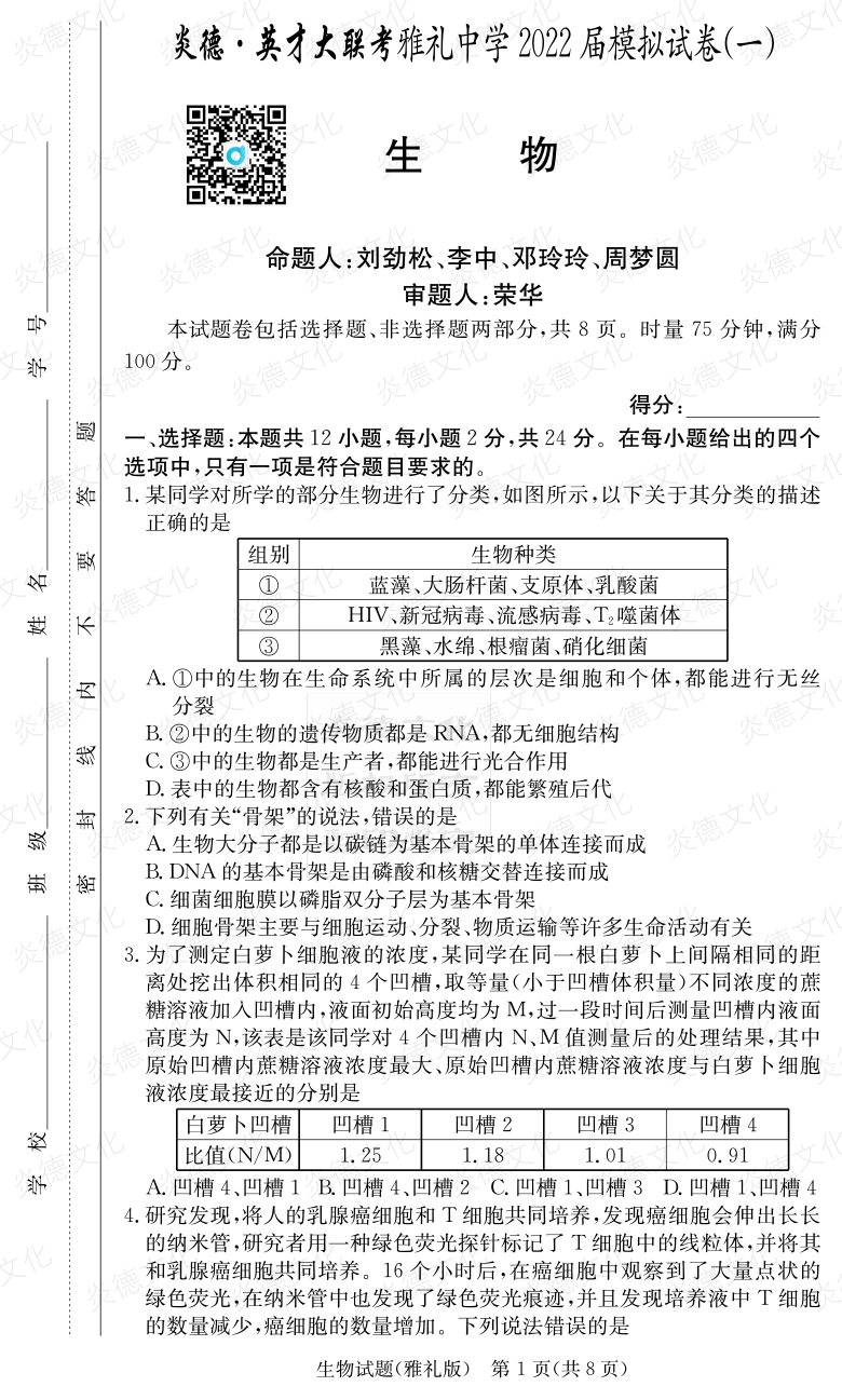 [生物]炎德英才大聯(lián)考2022屆雅禮中學(xué)高三8次月考（模擬一）